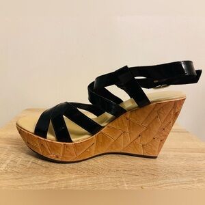 Athena Alexander Black and Tan Wedge Sandals